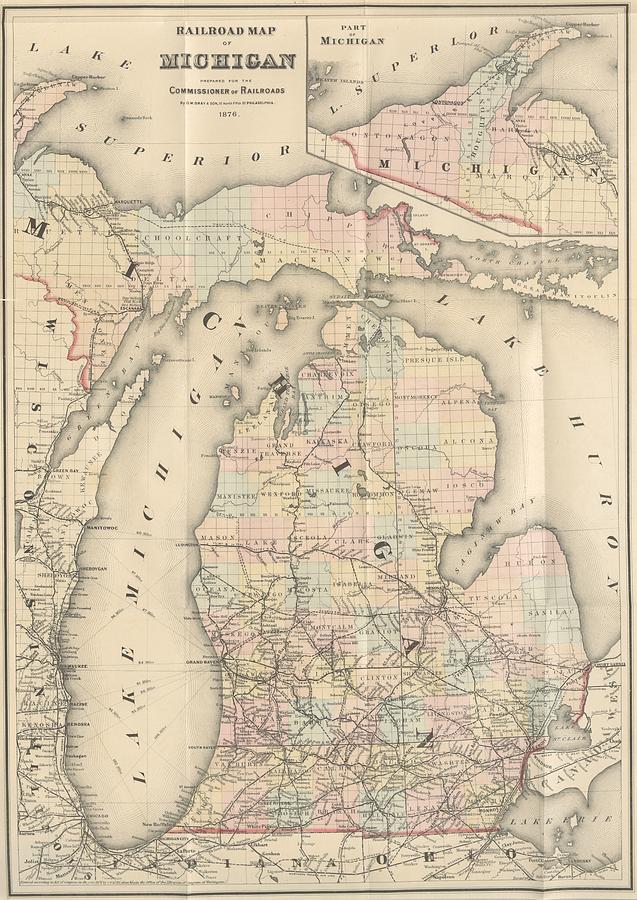 1876 Rail Road Map Michigan Painting by Celestial Images - Fine Art America