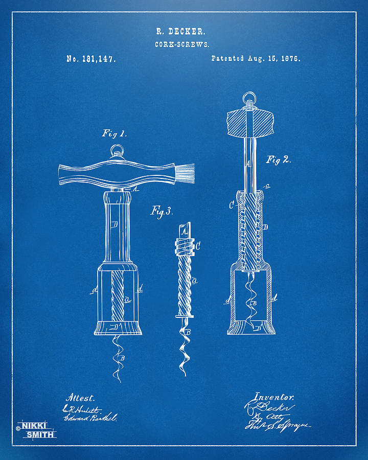 Wine Digital Art - 1876 Wine Corkscrews Patent Artwork - Blueprint by Nikki Marie Smith