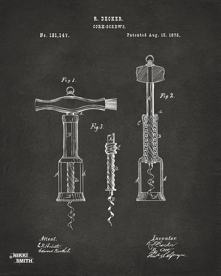 Wine Digital Art - 1876 Wine Corkscrews Patent Artwork - Gray by Nikki Marie Smith