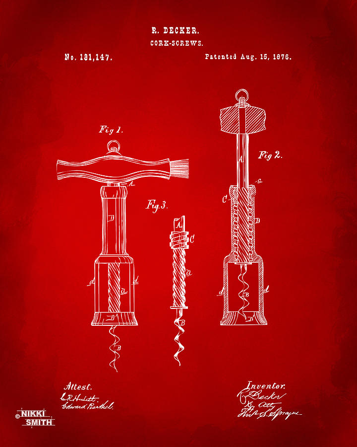 1876 Wine Corkscrews Patent Artwork - Red Digital Art by Nikki Marie Smith