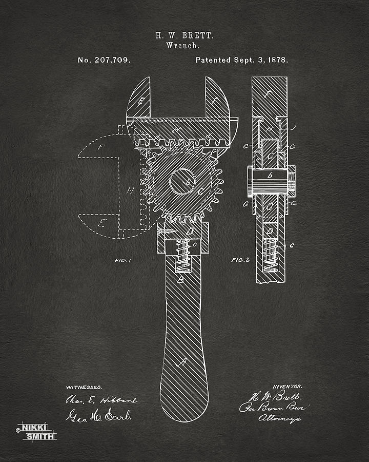1878 Adjustable Wrench Patent Artwork Gray Digital Art by Nikki Marie