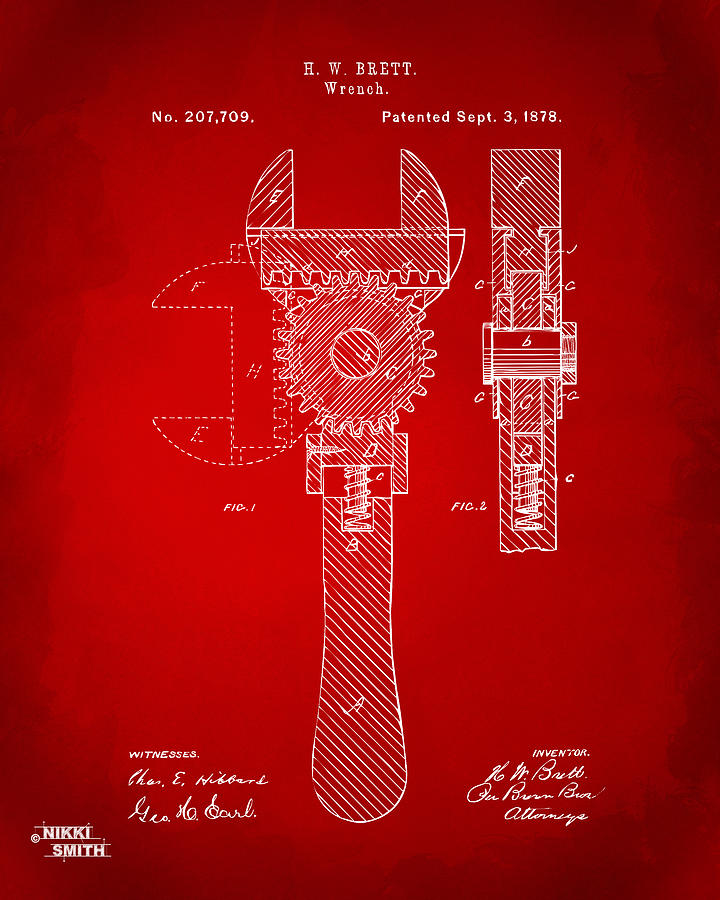 1878 Adjustable Wrench Patent Artwork - Red Digital Art by Nikki Marie Smith