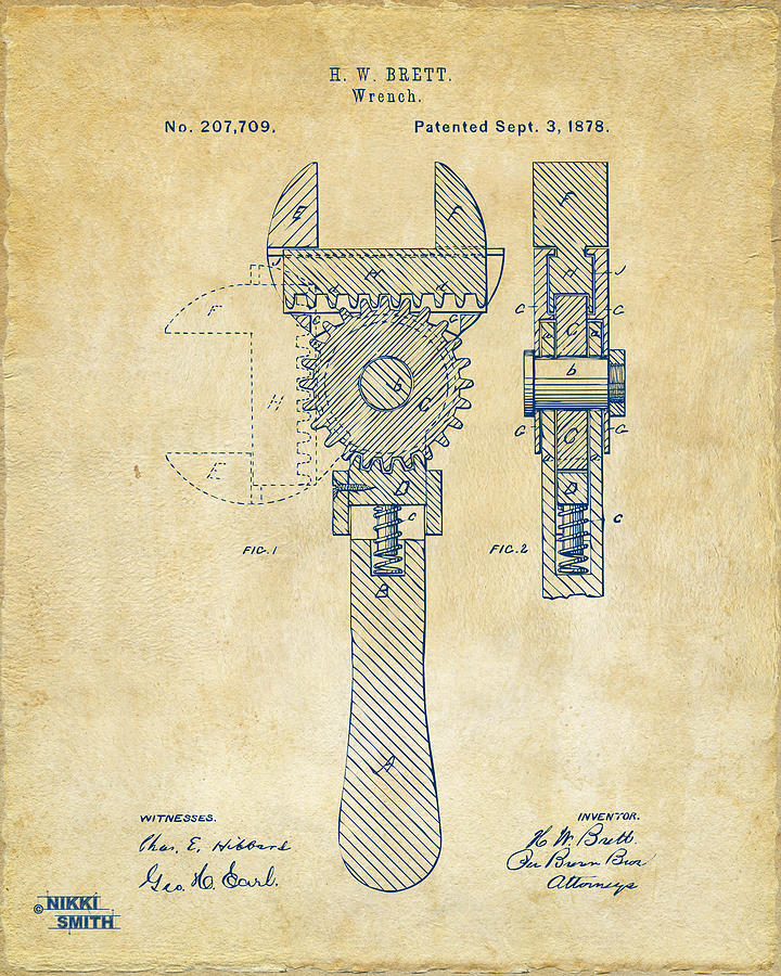 Tool Digital Art - 1878 Adjustable Wrench Patent Artwork - Vintage by Nikki Marie Smith