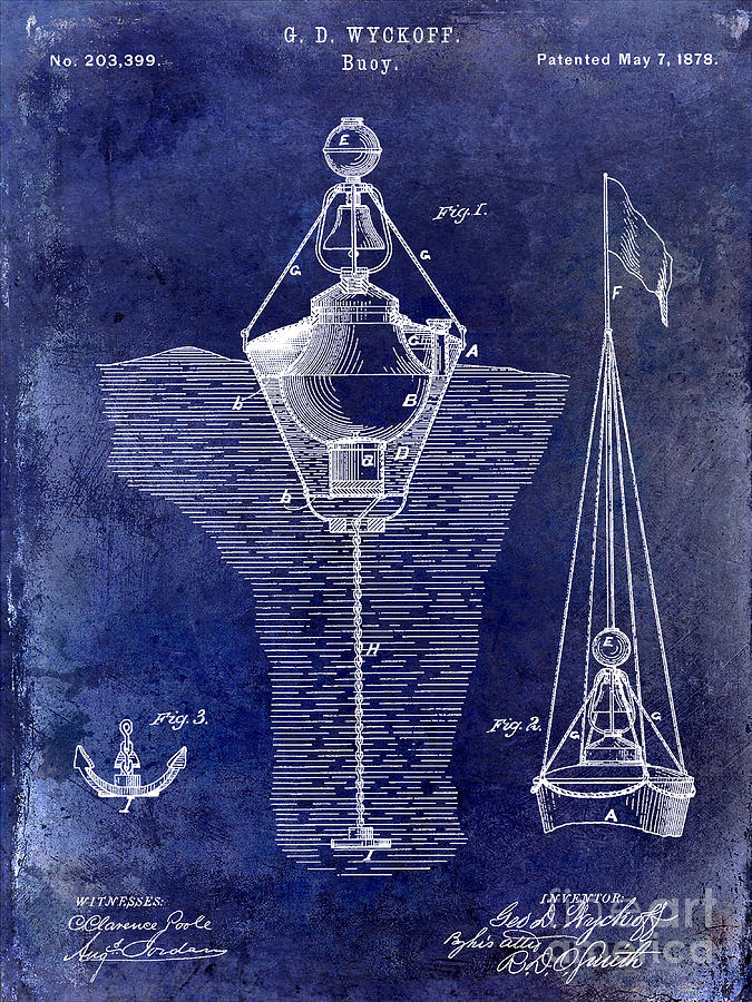 Lighthouse Drawing - 1878 Buoy Patent Drawing Blue by Jon Neidert