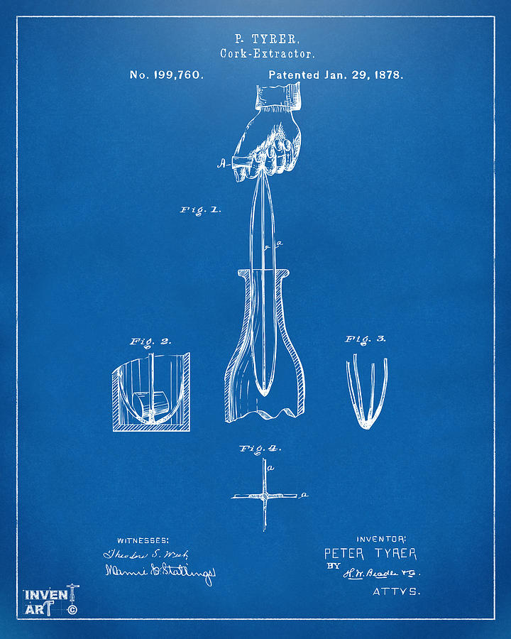 1878 Cork Extractor Patent Artwork - Blueprint Digital Art by Nikki Marie Smith