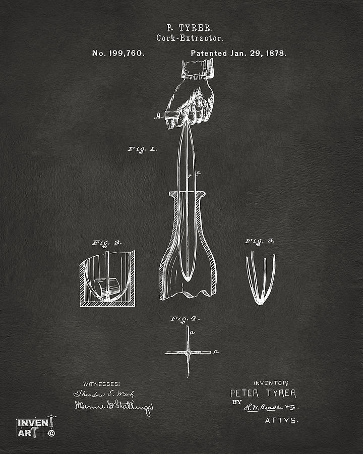 1878 Cork Extractor Patent Artwork - Gray Digital Art by Nikki Marie Smith