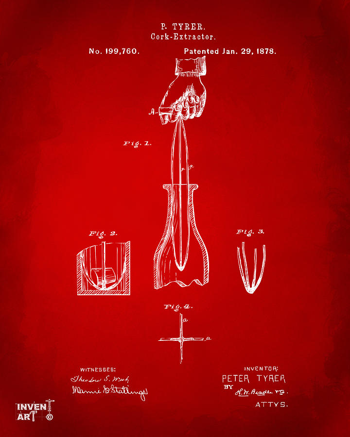Wine Digital Art - 1878 Cork Extractor Patent Artwork - Red by Nikki Marie Smith