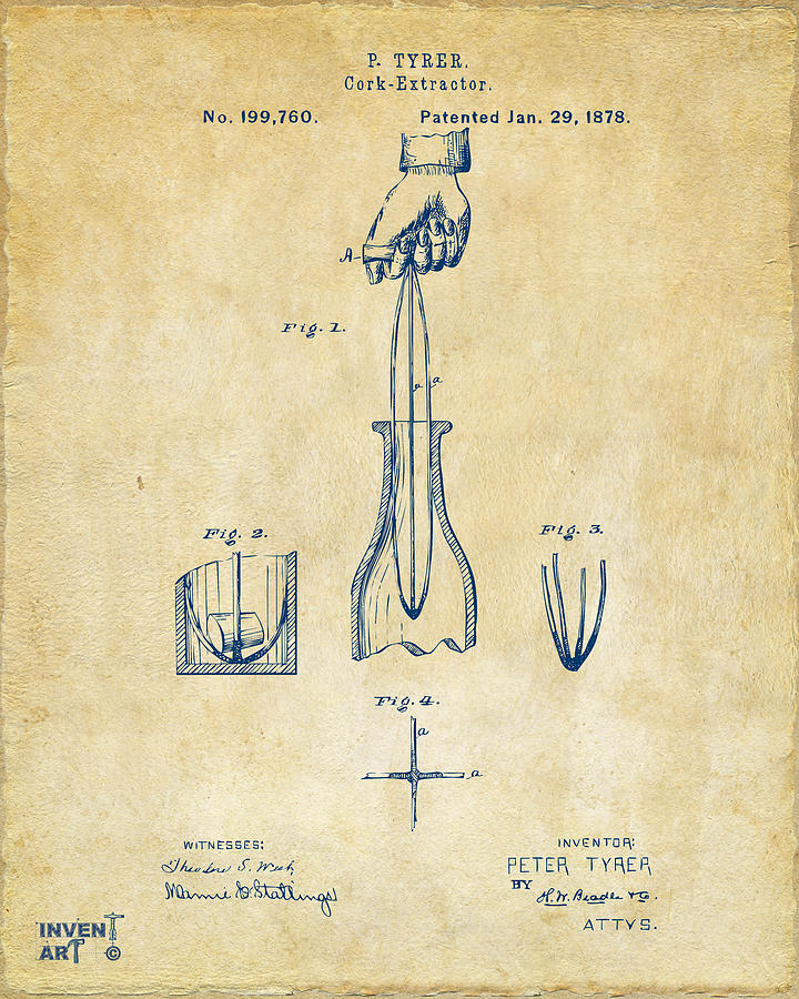 1878 Cork Extractor Patent Artwork - Vintage Digital Art by Nikki Marie Smith