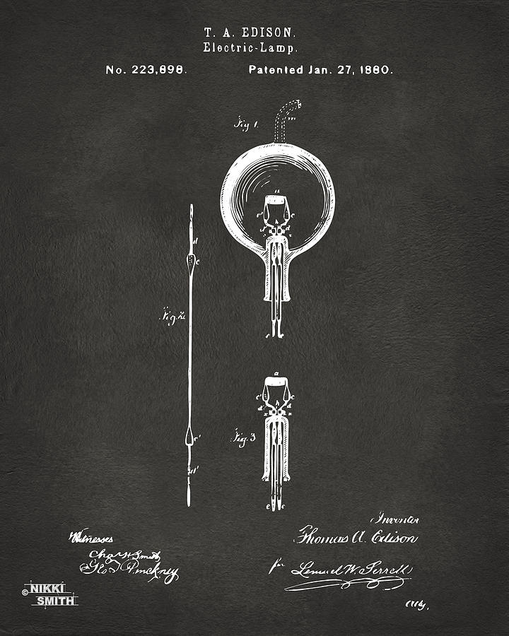 1880 Edison Electric Lamp Patent Artwork - Gray Digital Art by Nikki Marie Smith