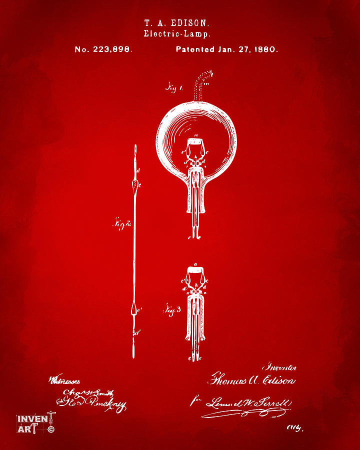1880 Edison Electric Lamp Patent Artwork Red Digital Art by Nikki Marie Smith