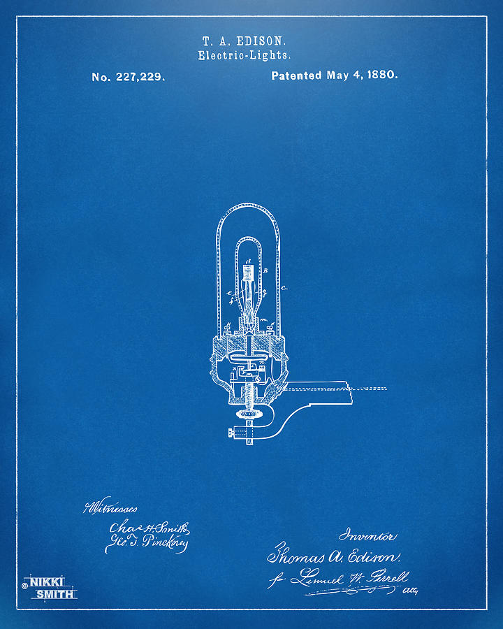 1880 Edison Electric Lights Patent Artwork - Blueprint Digital Art by Nikki Marie Smith