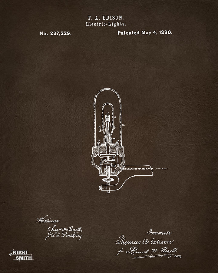 1880 Edison Electric Lights Patent Artwork Espresso Digital Art by Nikki Marie Smith