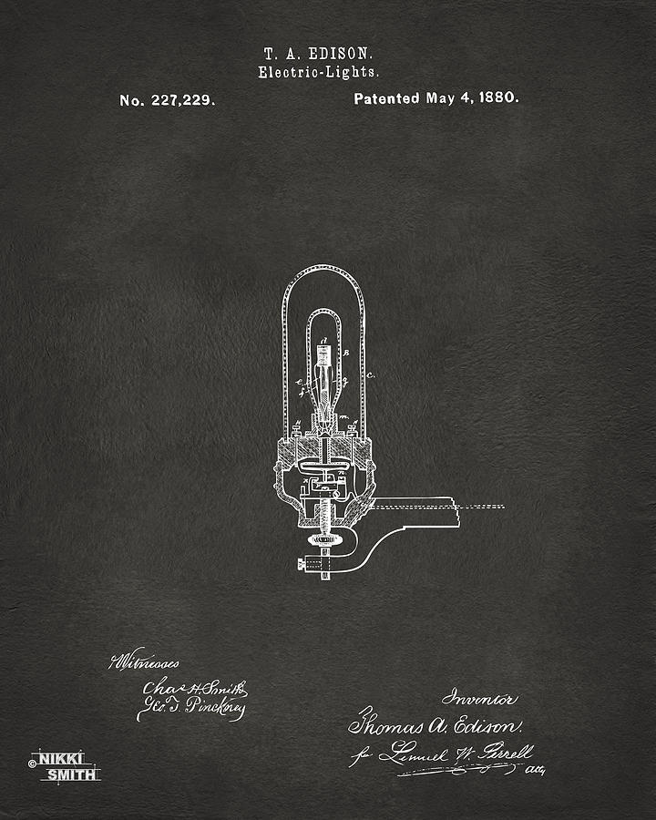 Vintage Digital Art - 1880 Edison Electric Lights Patent Artwork - Gray by Nikki Marie Smith
