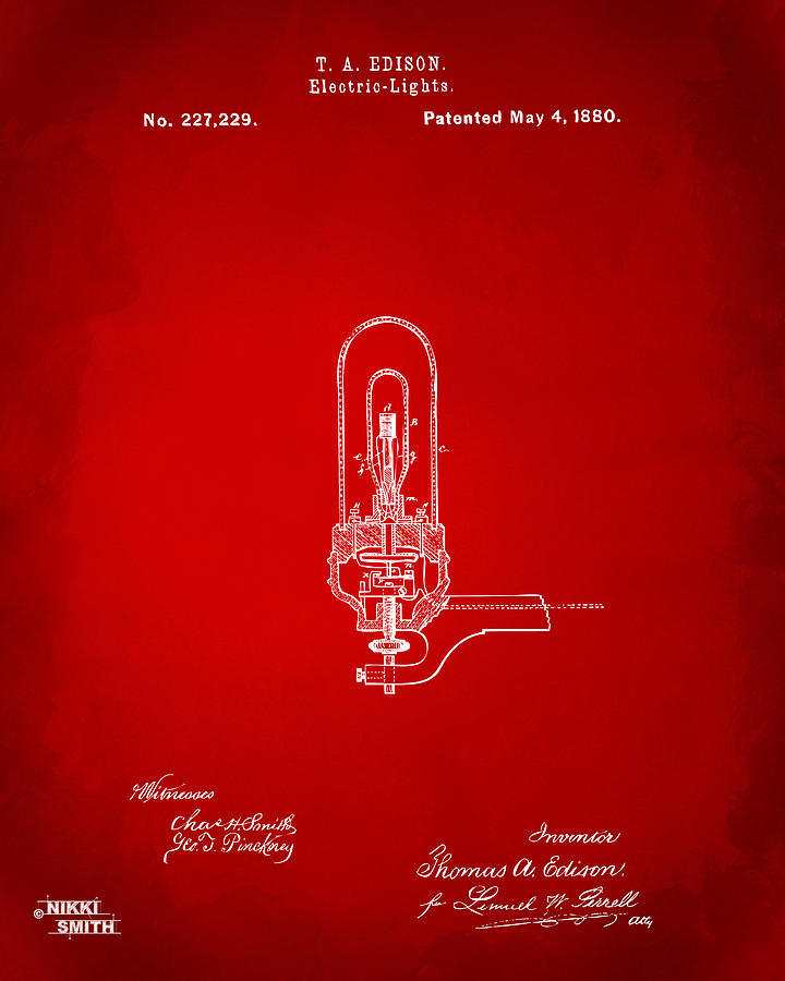 Vintage Digital Art - 1880 Edison Electric Lights Patent Artwork - Red by Nikki Marie Smith