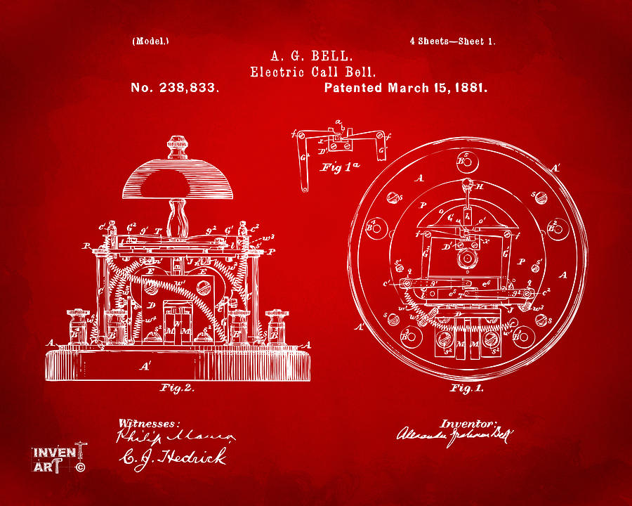1881 Alexander Graham Bell Electric Call Bell Patent Red Digital Art by Nikki Marie Smith