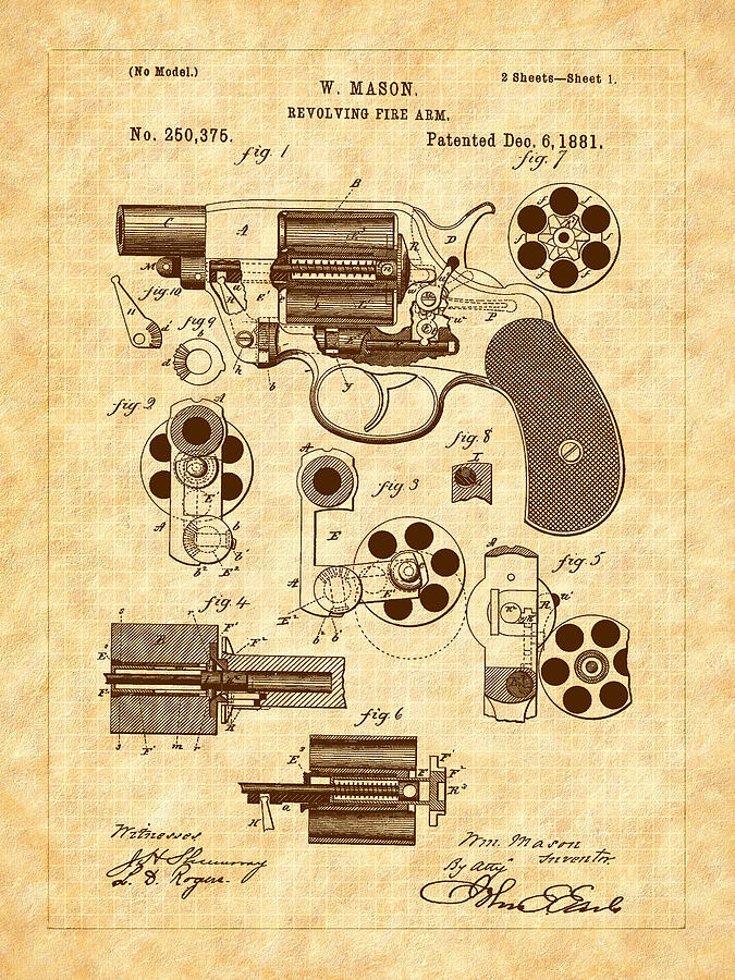 1881 Mason Revolver Firearm Patent Drawing by Barry Jones