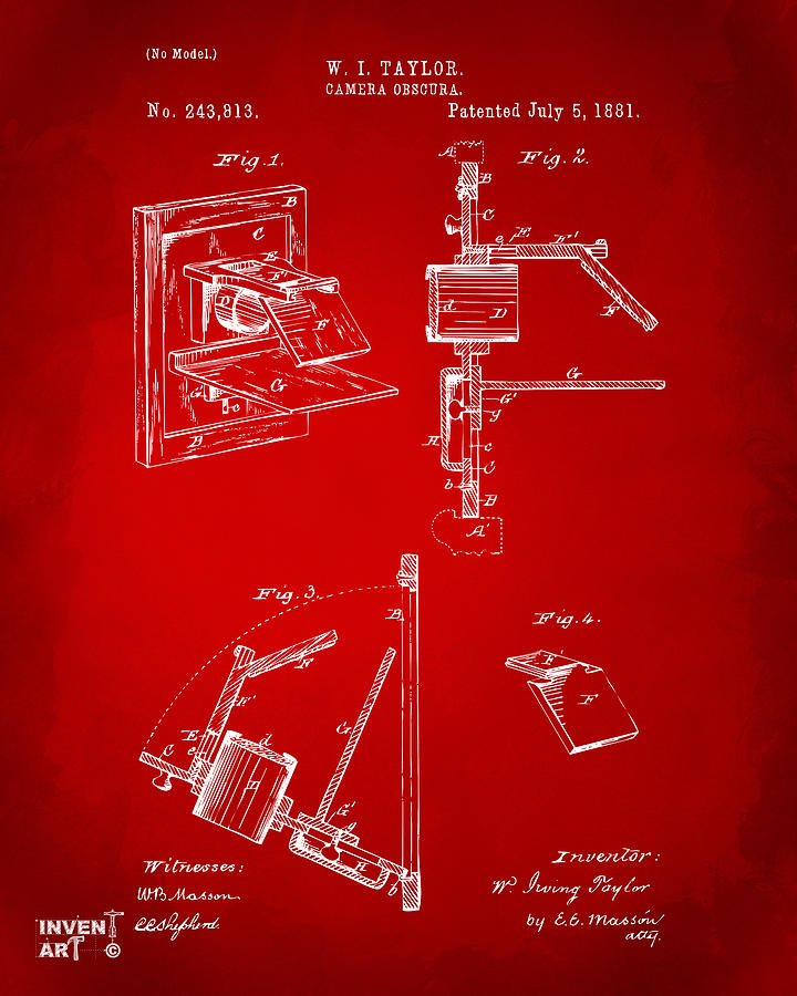 1881 Taylor Camera Obscura Patent Red Digital Art by Nikki Marie Smith