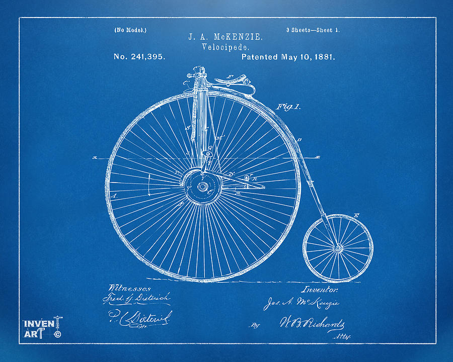 1881 Velocipede Bicycle Patent Artwork - Blueprint Digital Art by Nikki Marie Smith