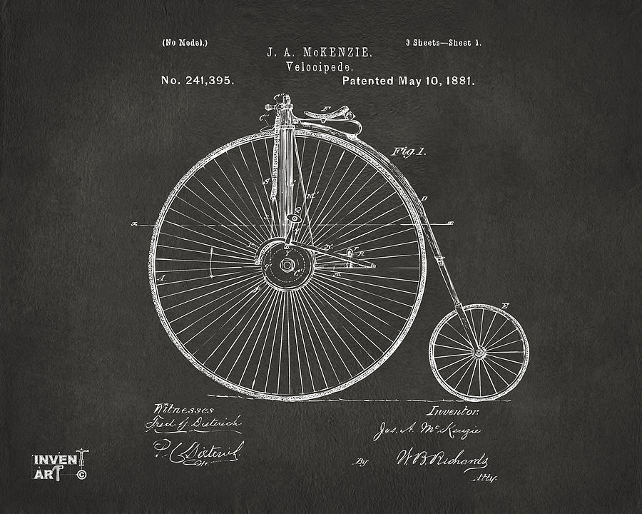 Vintage Digital Art - 1881 Velocipede Bicycle Patent Artwork - Gray by Nikki Marie Smith