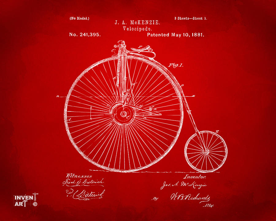 1881 Velocipede Bicycle Patent Artwork - Red Digital Art by Nikki Marie Smith