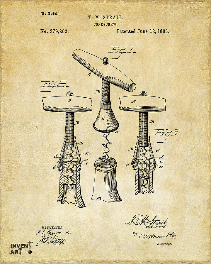 Wine Digital Art - 1883 Wine Corckscrew Patent Art - Vintage Black by Nikki Marie Smith