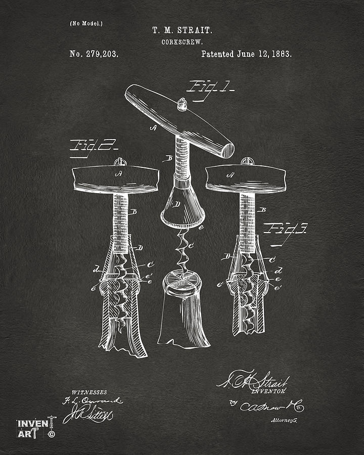 1883 Wine Corckscrew Patent Artwork - Gray Digital Art by Nikki Marie Smith