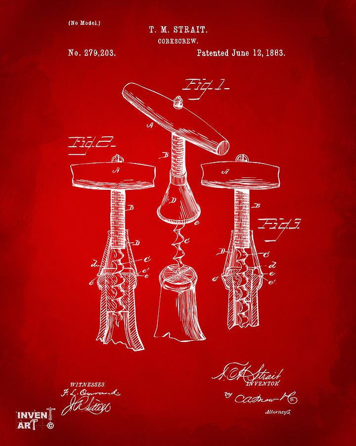 Wine Digital Art - 1883 Wine Corckscrew Patent Artwork - Red by Nikki Marie Smith