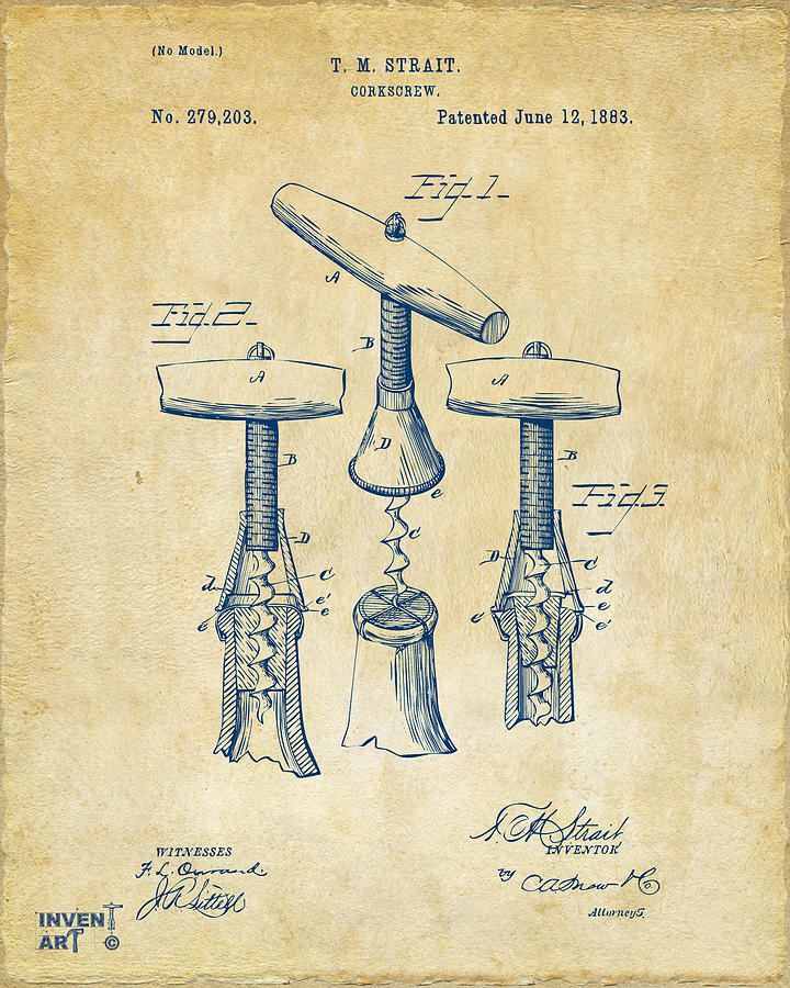 Wine Digital Art - 1883 Wine Corckscrew Patent Artwork - Vintage by Nikki Marie Smith