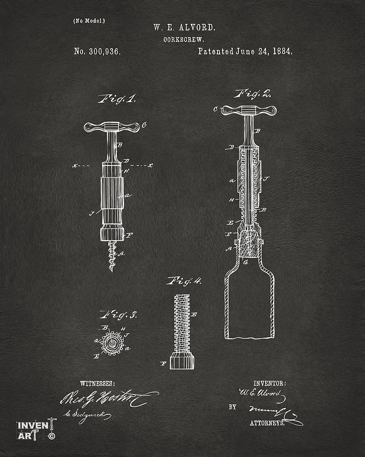 1884 Corkscrew Patent Artwork - Gray Digital Art by Nikki Marie Smith