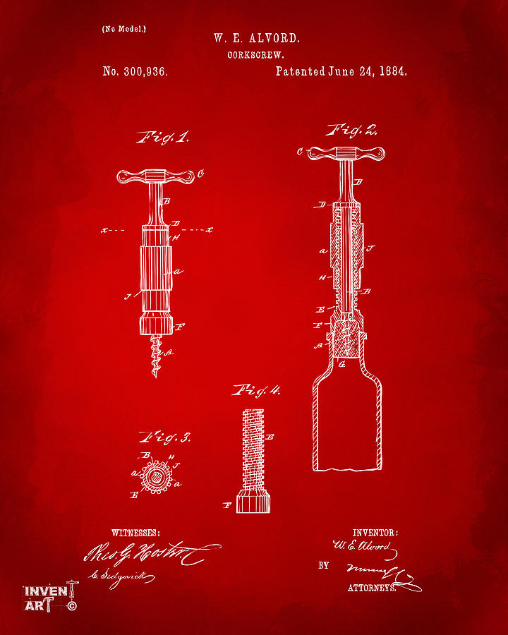 Wine Digital Art - 1884 Corkscrew Patent Artwork - Red by Nikki Marie Smith