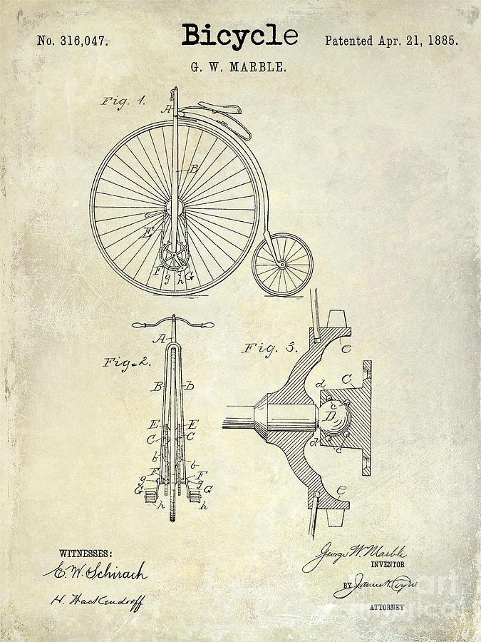 Vintage Photograph - 1885 Bicycle Patent Drawing  by Jon Neidert