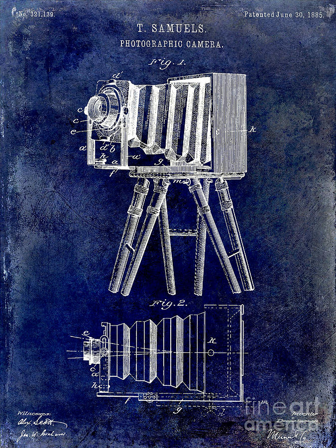 1885 Camera Patent Drawing Blue Photograph by Jon Neidert
