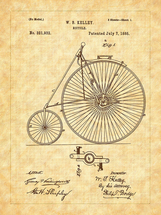 1885 Kelly Large Wheel Bicycle Patent Drawing by Barry Jones