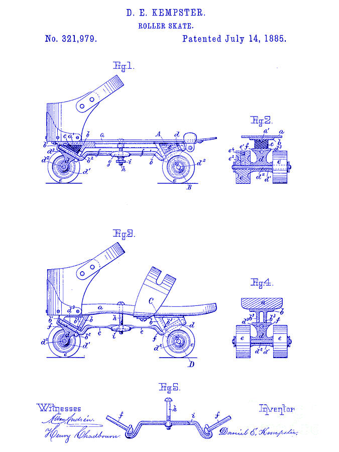 1885 Roller Skate Patent Blueprint Drawing by Jon Neidert