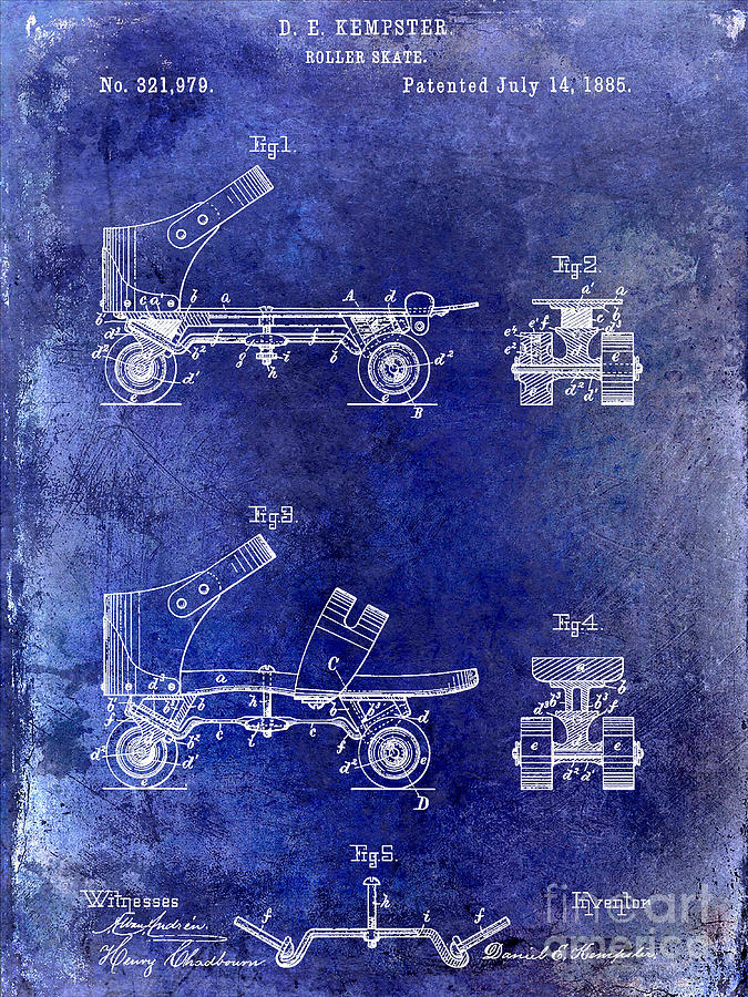 Toy Drawing - 1885 Roller Skate Patent Drawing Blue by Jon Neidert