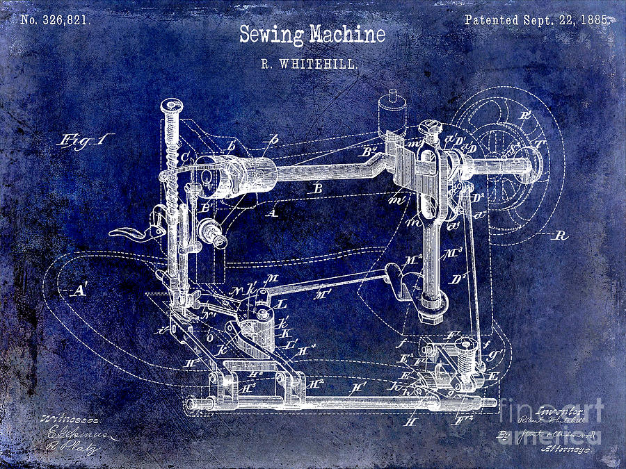 1885 Sewing Machine Patent Drawing Blue Photograph by Jon Neidert