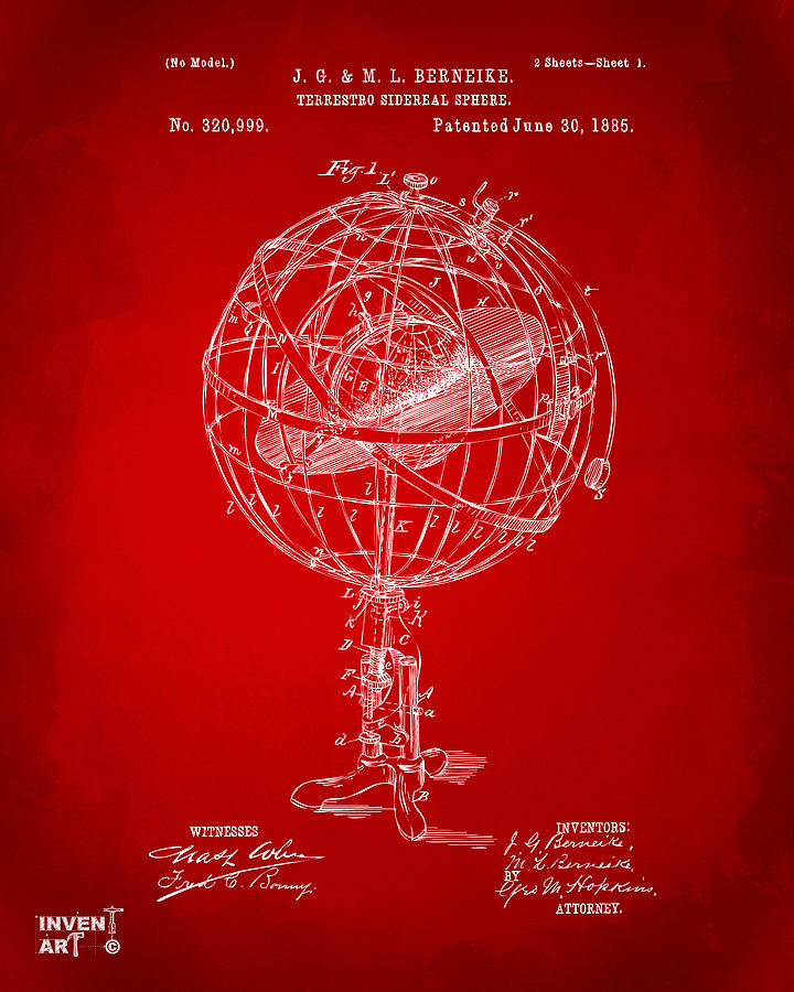 Globe Digital Art - 1885 Terrestro Sidereal Sphere Patent Artwork - Red by Nikki Marie Smith