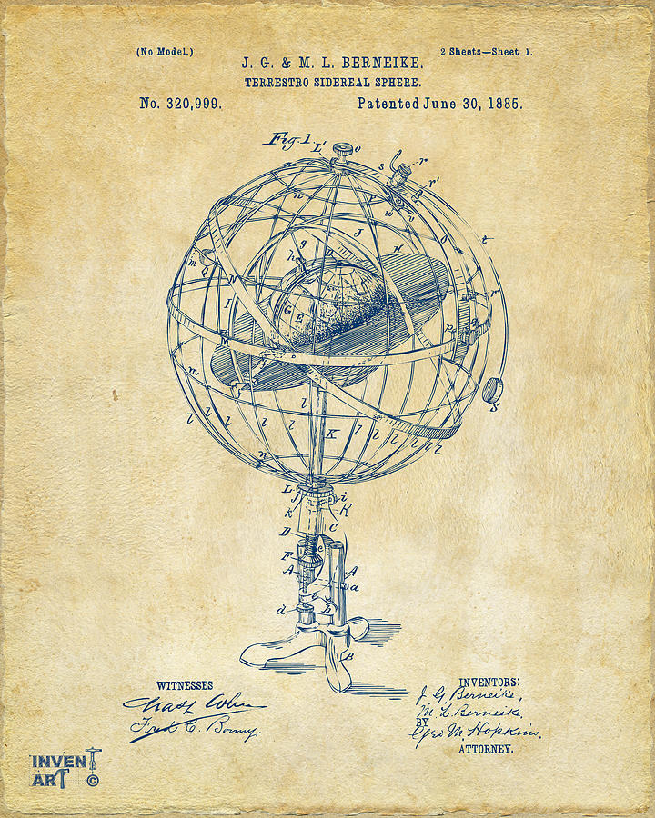 1885 Terrestro Sidereal Sphere Patent Artwork - Vintage Digital Art by Nikki Marie Smith