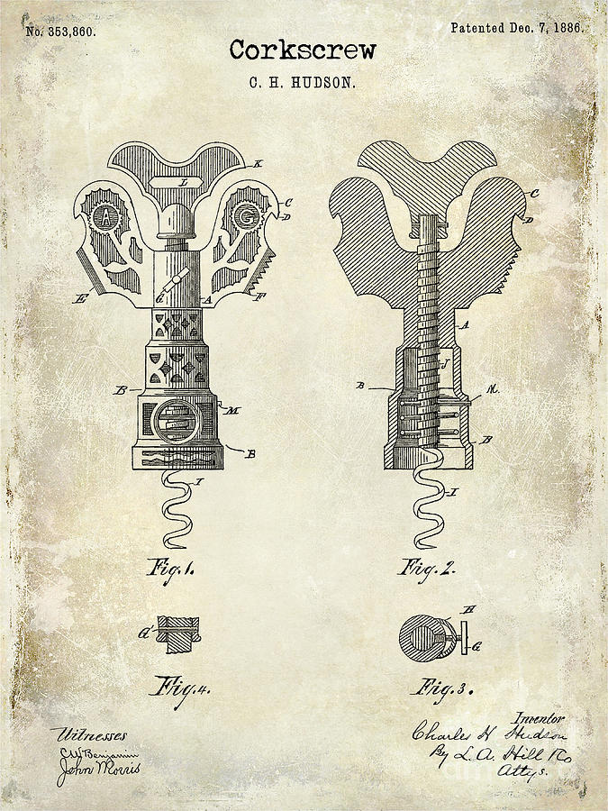 Wine Photograph - 1886 Corkscrew Patent Drawing by Jon Neidert