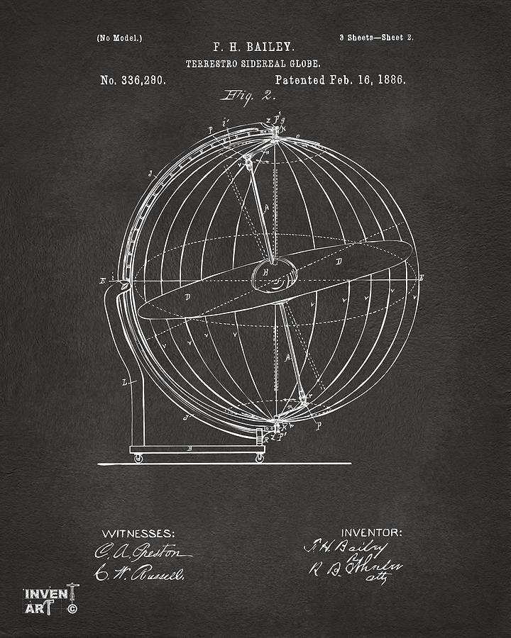 1886 Terrestro Sidereal Globe Patent 2 Artwork - Gray Digital Art by Nikki Marie Smith