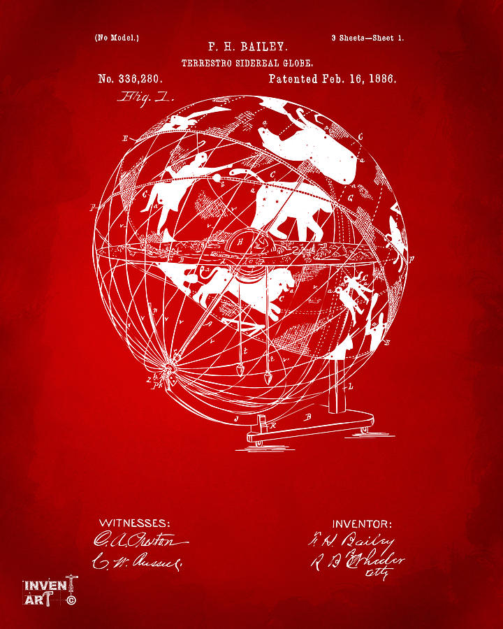 Sign Digital Art - 1886 Terrestro Sidereal Globe Patent Artwork - Red by Nikki Marie Smith