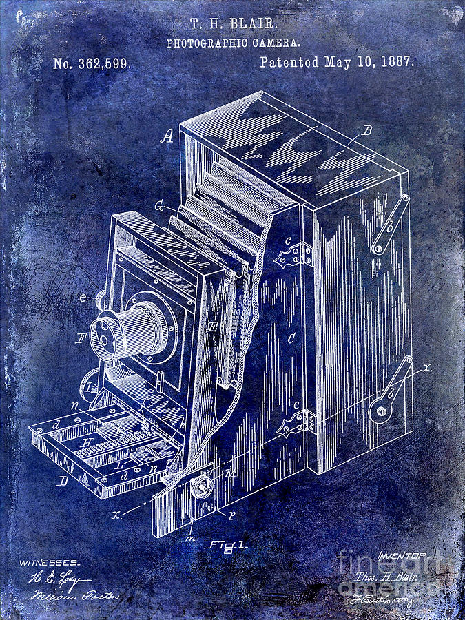 1887 Camera Patent Drawing Blue Photograph by Jon Neidert