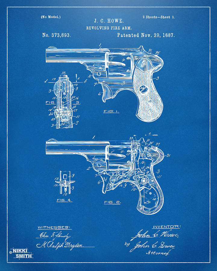Vintage Digital Art - 1887 Howe Revolver Patent Artwork - Blueprint by Nikki Marie Smith