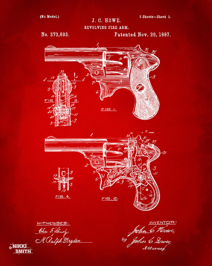 Vintage Digital Art - 1887 Howe Revolver Patent Artwork - Red by Nikki Marie Smith