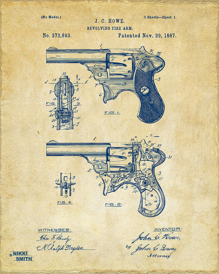 Vintage Digital Art - 1887 Howe Revolver Patent Artwork - Vintage by Nikki Marie Smith