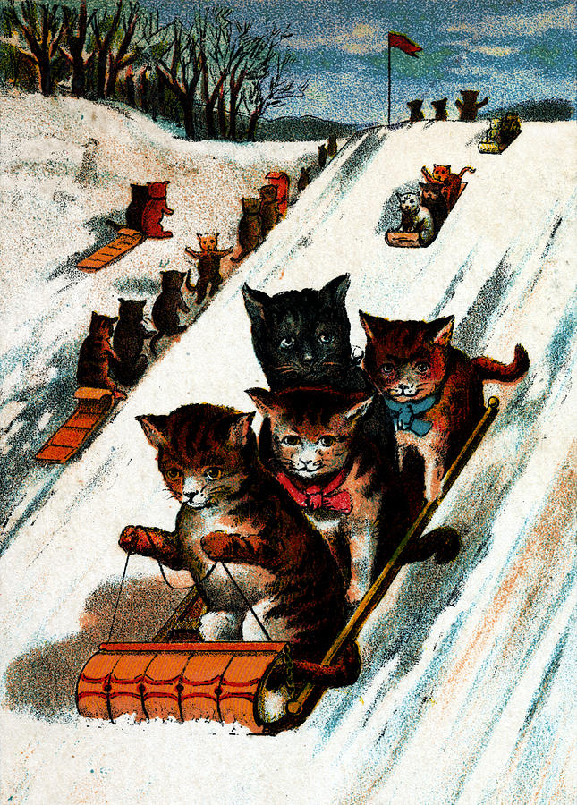 1887 Toboggan Cats Painting by Historic Image