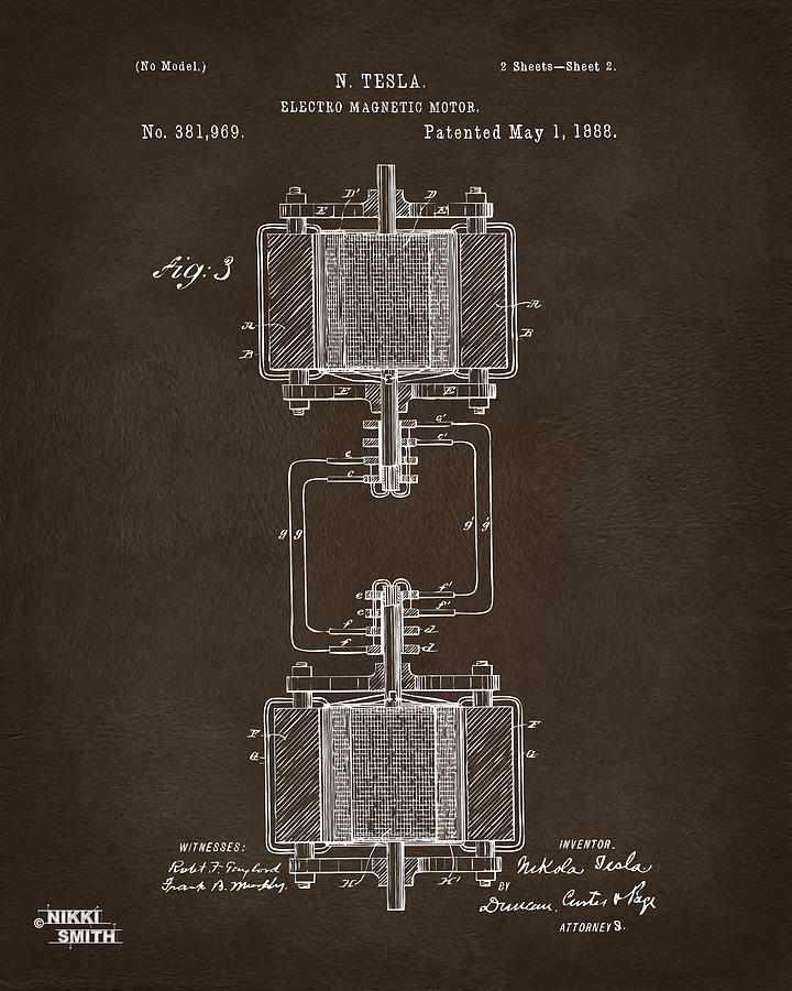 1888 Tesla Electro Magnetic Motor Patent Espresso Digital Art by Nikki Marie Smith