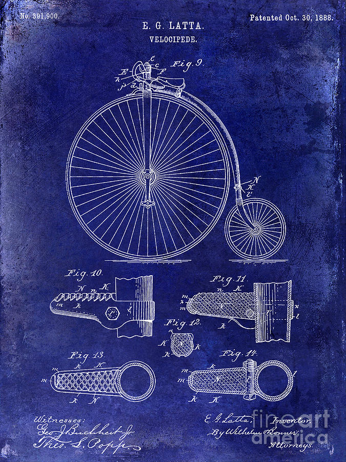 1888 Velocipede Patent Drawing Blue Photograph by Jon Neidert