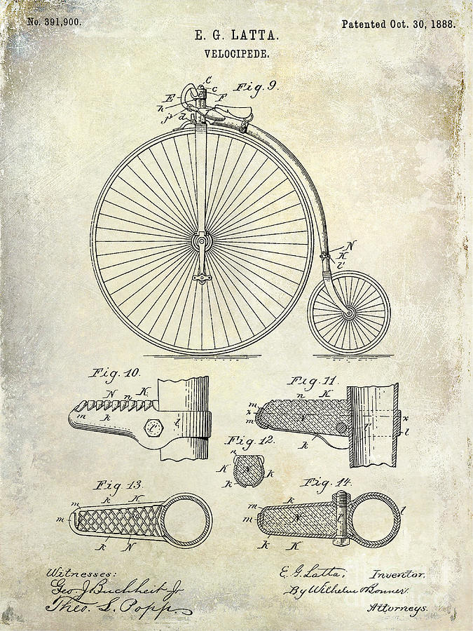 1888 Velocipede Patent Drawing  Photograph by Jon Neidert