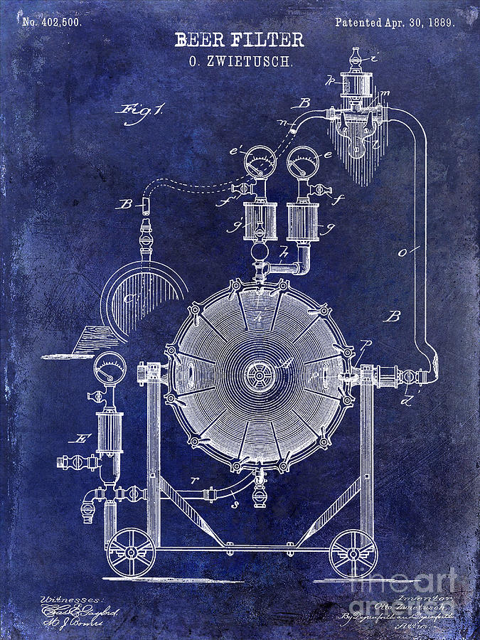 1889 Beer Filter Patent Drawing Blue  Photograph by Jon Neidert